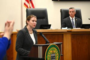 Grace Wheeler delivers remarks at the Public Commissioners' Meeting Wednesday, Aug. 12, 2020 in Doylestown.