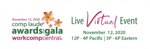 Comp Laude logo with in bright pink and green with a tropical flower and the date of the virtual event Nov 12, 2020