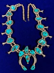 Spectacular silver and exquisite sky-blue turquoise squash blossom necklace, circa 1950s or ‘60s, “the finest one we’ve ever seen,” according to Fred Holabird (est. $3,000-$4,000).