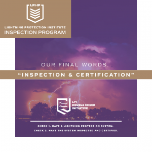 Facebook post with visual of lightning in background and main message of "Lightning Protection Systems should be Inspected and Certified" appears in the middle of the picture