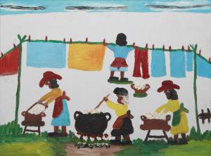 Original oil on canvas painting by Clementine Hunter (Louisiana, 1886-1988), titled Wash Day (circa 1985), signed lower center right, 17 ¾ inches by 23 ½ inches (est. $3,000-$5,000).