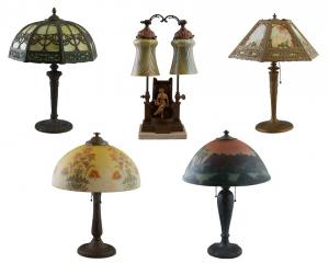 The lighting category includes a collection of art glass table lamps, including examples from Salem Brothers, Miller, H.E. Rainaud and Handel.