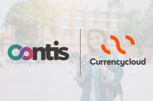 Contis logo, Currencycloud logo, traveller using digital payments