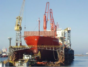 Front views. Ships being repaired resting on the dock’s working surface