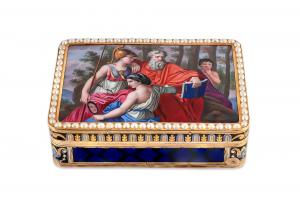 Swiss enameled 18K gold musical snuff box by Jean-Georges Rémond & Compagnie, circa 1800 (est. $20,000-$30,000).