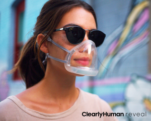 Image of female wearing ClearlyHuman REVEAL transparent mask and ClearlyHuman logo, crowdfunding campaign launches August 1, 2020 on Kickstarters