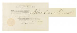 Abraham Lincoln signed one-page document from July 16, 1861, countersigned by Secretary of State William H. Seward, measuring 18 inches by 11 ¼ inches (est. $7,000-$8,000).