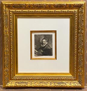 Early etching on paper by Rembrandt, of Jan Cornelis Sylvius (Eusticke’s 1st State of 3, 1633), 6 ½ inches by 5 ½ inches (sight, less the double-matted frame) (est. $15,000-$25,000).