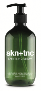 Skn+tnc Luxury Sanitiser comes in 300ml glass, made with natural and ethical vegan ingredients
