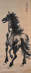 Large watercolor equestrian-themed scroll titled Dancing Horse, signed by Beihong Xu (Chinese, 1895-1953) with three seal marks and calligraphy, overall 80 inches by 25 inches.