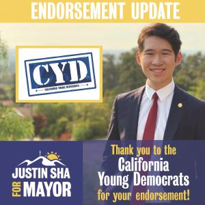 A logo of Justin Sha's campaign and California Young Democrats is shown with the statement of Justin Sha thanking the California Young Democrats organization for the endorsement.