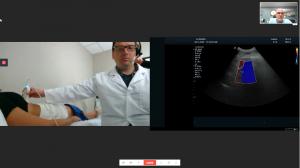 Sonographer, Specialist and Patient on a single screen consulting and viewing real time imaging while viewing the position of the probe and patient..