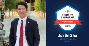 Justin Sha's headshot is shown along with an endorsement logo from Equality California.