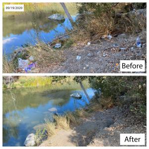 A before and after picture is shown of trash littering the ground and the creek and then cleaned up.