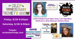 collage of images promoting an online show with red haired white woman smiling in blue and white dress with cats, midwest mom character in floppy hat in collage