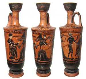 Composite photo of a circa 500-460 BC Greek black-figure lekythos, a fine example with light deposits, featuring a siren holding a lyre standing atop a mound (est. $3,500-$5,000)