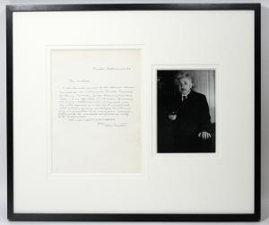 The letter is handsomely matted and framed, with a photo of Einstein. It’s also one of the few letters Einstein hand-wrote in English. German was his preferred tongue.