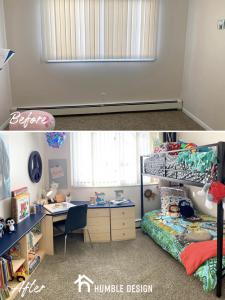 From an empty bedroom, to a room with a bunk bed, and a desk for homework. The space has been transformed.