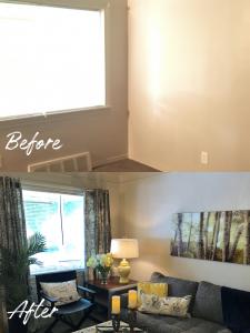 Their living room was empty, but transformed into a beautiful, furnished living space by Humble Design.