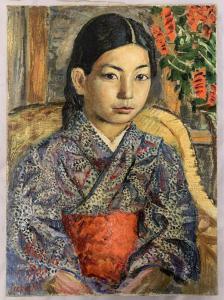 Beautiful oil on canvas portrait of a Japanese girl by David Burliuk (Ukrainian/American, 1882-1967), 13 inches by 17 inches, signed lower left by Burliuk and dated “1922” ($39,100).