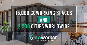 A graphic displaying Coworker's milestone of reaching 15,000 coworking spaces in its network.