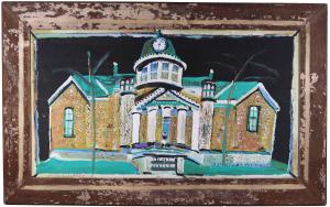 Paint, mud, and glitter on board by Jimmy Lee Sudduth (American, 1910-2007), titled Fayetteville County Courthouse, signed in pencil lower left "Jim Sudduth".