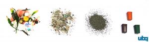 Picture of unsorted waste, then a picture of shredded waste, then a picture of plastic-like pellets made from UBQ material, and then a picture of three penholders that are made from UBQ material