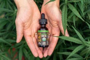 A woman holds a bottle of Cornbread Hemp's USDA organic Whole Flower CBD Oil in a hemp field.