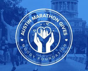 Runners cross the 2020 Austin Marathon finish line with the Texas State Capitol in the background. Overlaying the image is the new logo of Austin Marathon Gives, the Austin Marathon's philanthropic program. Learn more at https://youraustinmarathon.com/aus