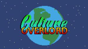 Title screen for video game 'Culture Overlord' shows a pixel drawing of the planet Earth with a video game styled 'Culture Overlord' covering the planet.