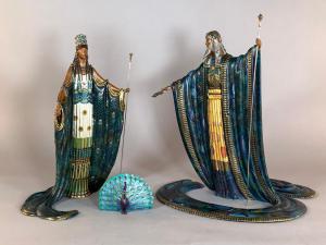 Pair of cold patinated and parcel gilt bronzes by Erté titled Zeus and Hera (1989), both signed by Erté and numbered 323 of 500. A small peacock is included in the lot (est. $4,000-$6,000).