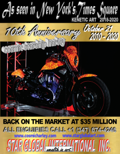 Cosmic Harley Davidson the most expensive motorcycle in the world and advertised in New York's, Times Square for 2 years is now for sale at $35 million.