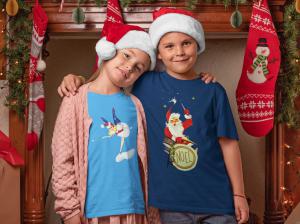 Two kids arm in arm wearing vintage inspired tee shirts.