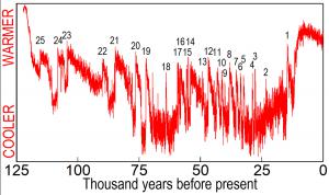 Twenty-five sudden warmings observed in ice cores from the summit of Greenland.