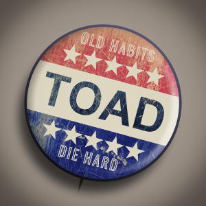 Vintage Vote style pin with TOAD (Toad the Wet Sprocket) band name and Song Title Old Habits Die Hard