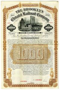Brooklyn Elevated Railroad Co. 1884 Specimen Bond Rarity. Brooklyn, New York. 1884. $1000 Specimen 6% First Mortgage Bond, Black text with brown border and undertint, View of the Brooklyn Bridge in distance depicted at top center. Red specimen overprints,