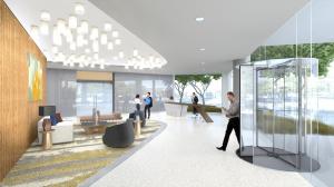 The airy open lobby connects 2401 Cedar Springs with Uptown Dallas.