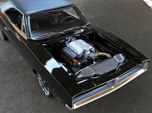 Black 1969 Dodge Charger build showing engine compartment