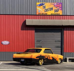 1967 yellow and gray Chevy Nova build outside The Custom Shop in Flanagan, IL.