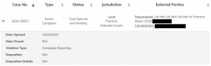 A screenshot is shown of what appears on the FPPC website. Status: Case Opened and Pending.
