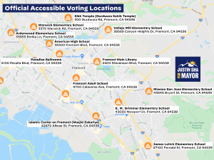 A map is shown with all listed accessible voting locations (polling places).