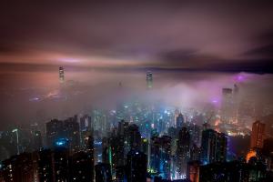 Aerial view of Hong Kong shrouded in mist.