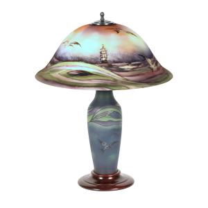 1920s Pairpoint reverse painted “Copley” table lamp with acid-etched glass shade (19 ½ inches diameter) with ocean and seagull decoration, on a bronze base, signed (est. CA$2,500-$3,500).