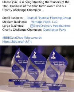 Photo of the award given to Extraordinary Headhunters, LLC.  The award is the Business of the Year Torch Award from the Better Business Bureau (BBB)