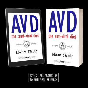 'AVD' eBook on iPad and 'AVD' Academic Paperback next to it. Text says 10% of Profits go to Anti-Viral Research.