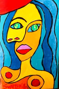 This acrylic painting is a colorful, Picasso / Cubism style painting of a semi-nude female. Displays very well, very bright and bold color palette.