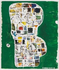 Large, untitled double-stack Blockhead painting by Eddie Martinez (Conn., N.Y., b. 1977), 72 inches by 60 inches, done using oil paint, spray paint and enamel (est. $150,000-$250,000).