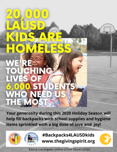 Poster depicts #Backpacks4LAUSDKids initiative between The Giving Spirit and Los Angeles Unified School District to provide backpacks filled with school supplies and hygiene items to 6,000 homeless students and their families
