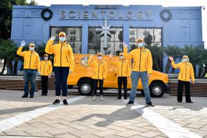 L.A. Volunteer Ministers gather at the Church of Scientology to bring special Thanksgiving gifts to essential workers.