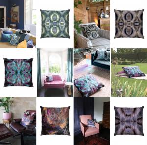 Award winning luxury cushions, throw pillows + outdoor cushions in waterproof fabric or velvet by Sonya Rothwell for Gallery Beautiful, handmade to order by local artisans. Art inspired ikat style celestial designer pillows in vibrant colors to suit any i